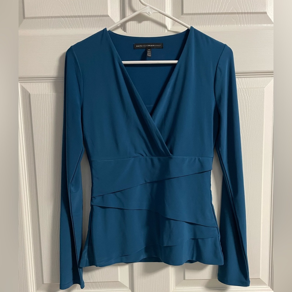 White House Black Market Teal Blue Surplice Faux Wrap Tiered Top XS